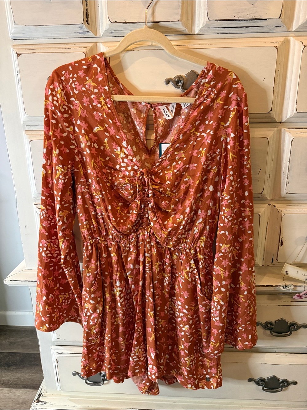Roxy Rust Floral Tie-Front Tunic Romper